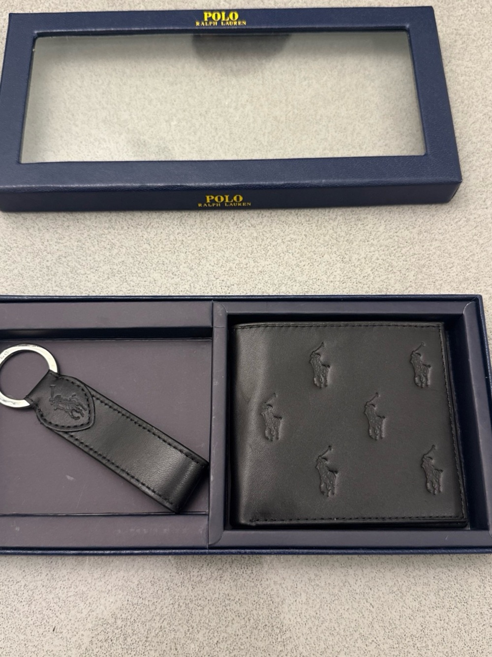 Polo by Ralph Lauren Black Embossed Leather Wallet with Key Ring Set
